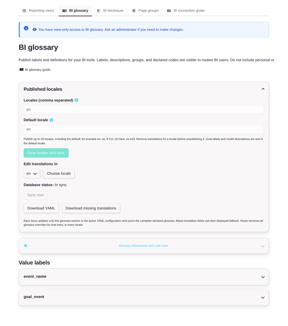 AGGREGATE BI glossary page showing published locales and value labels